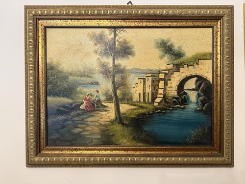 Dipinto paesaggio con ponte - , su